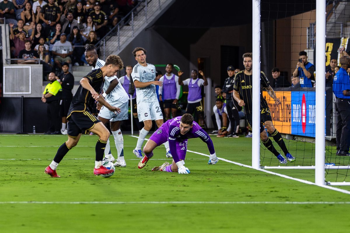 Colorado Rapids goalkeeper Nicolas Hansen (41) and defenders can only watch as LAFC forward Nathan Ordaz (27) puts the ball into the net during an MLS match, Wednesday July 9, 2025 in Los Angeles, Calif.