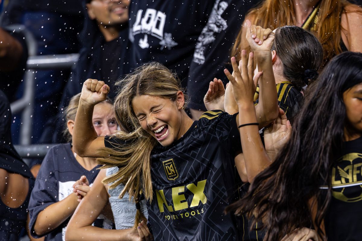 LAFC supporter celebrates a goal during an MLS match against the Colorado Rapids, Wednesday July 9, 2025 in Los Angeles, Calif.