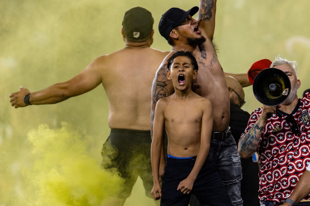 LAFC supporters celebrate the victory over the Colorado Rapids after an MLS match, Wednesday July 9, 2025 in Los Angeles, Calif.