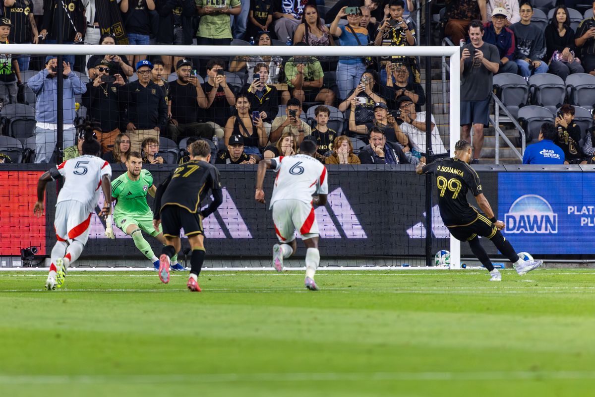 LAFC forward Denis Bouanga (99) converts a penalty kick during an MLS match against FC Dallas, Saturday July 12, 2025 in Los Angeles, Calif.