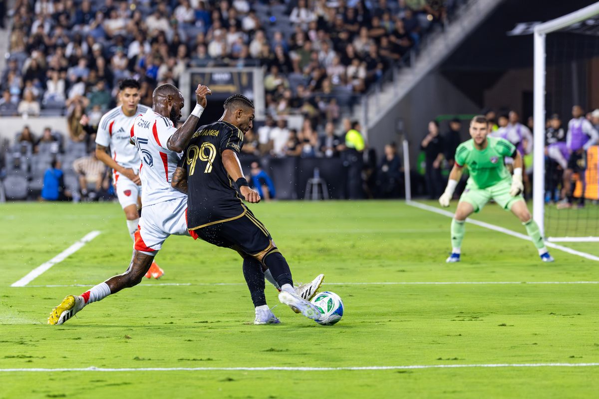 LAFC forward Denis Bouanga (99) attempts a shot on goal during an MLS match against FC Dallas, Saturday July 12, 2025 in Los Angeles, Calif.