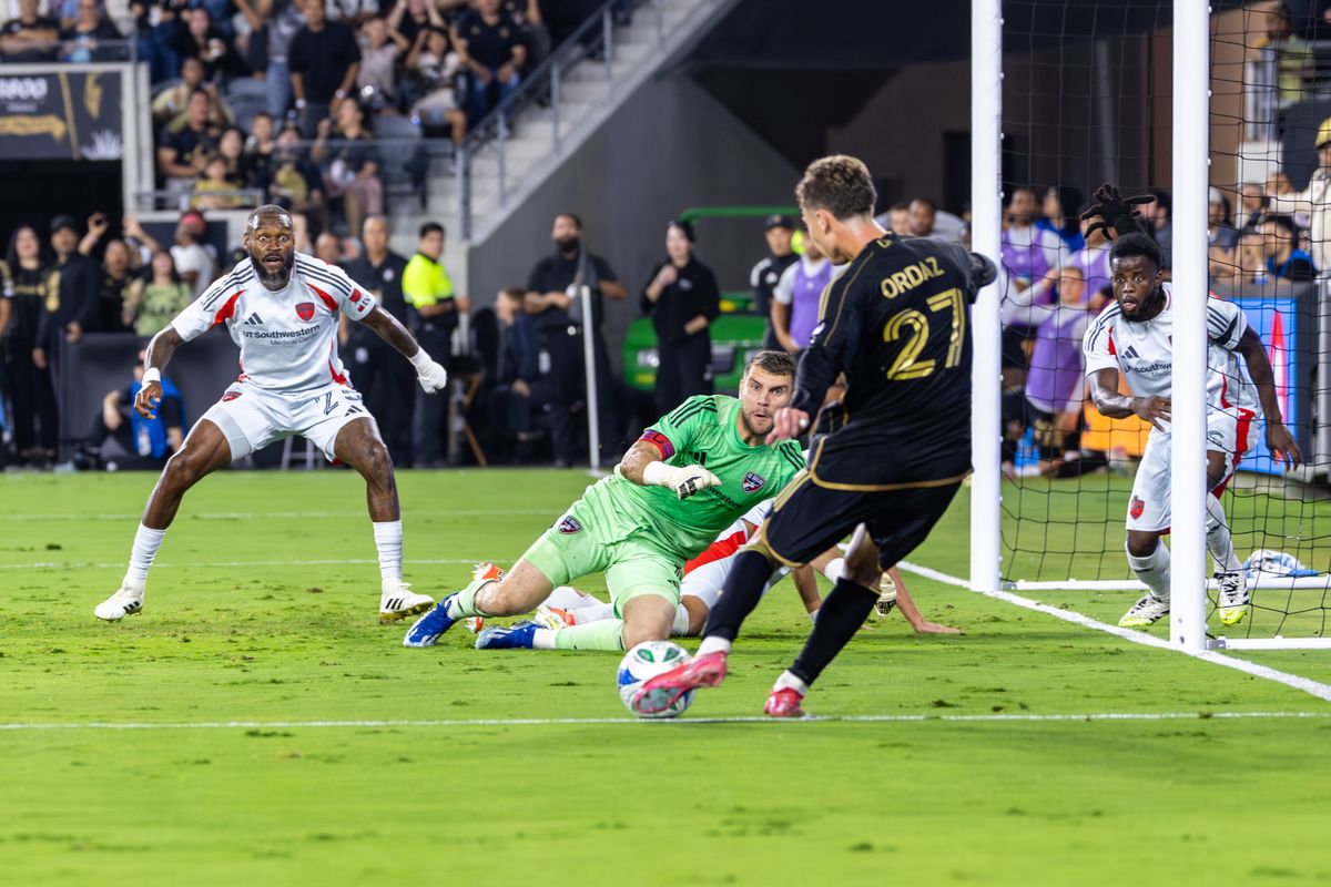 LAFC forward Nathan Ordaz (27) attempts a shot on goal during an MLS match against FC Dallas, Saturday July 12, 2025 in Los Angeles, Calif.