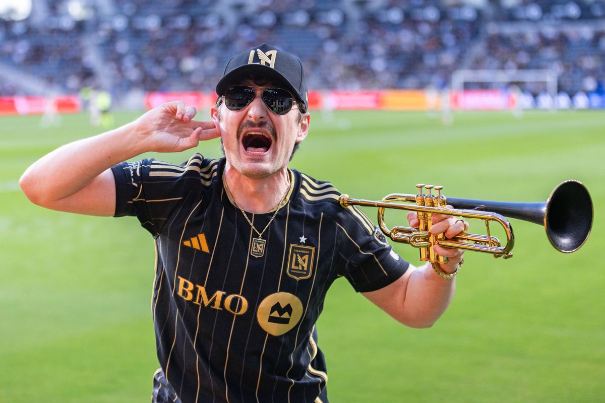 Musician Nick Coggiola pumps up the crowd prior to an MLS match between LAFC and the Portland Timbers, Friday July 25, 2025 in Los Angeles, Calif.