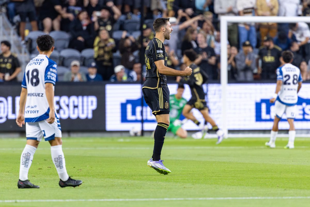 LAFC midfielder Ryan Hollingshead (24) celebrates a goal during a Leagues Cup match against Pachuca, Friday August 1, 2025 in Los Angeles, Calif.