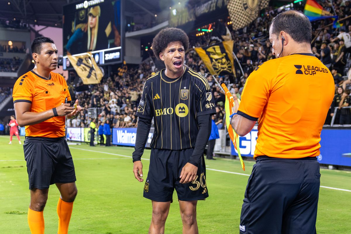 LAFC forward David Martínez (30) pleads his case after receiving a yellow card during a Leagues Cup match against Pachuca, Friday August 1, 2025 in Los Angeles, Calif.