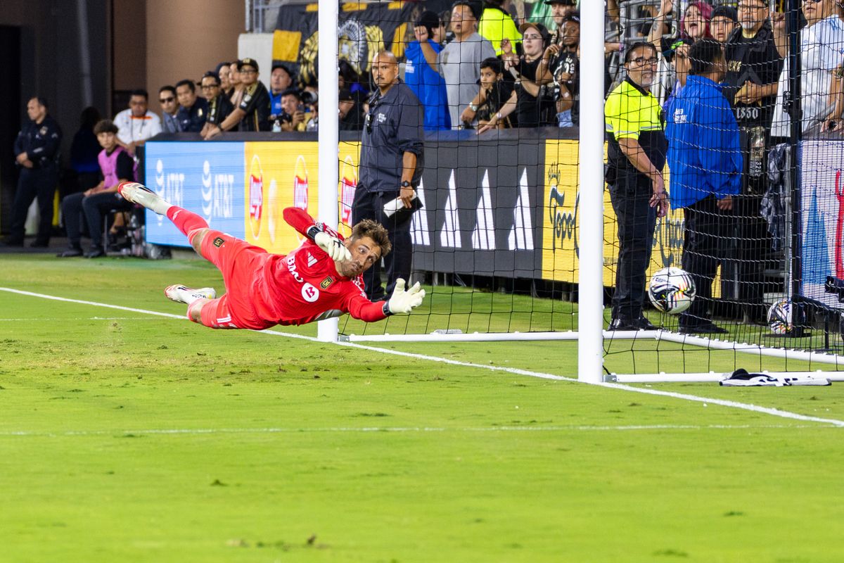The ball gets past LAFC goalkeeper Thomas Hasal (12) for a Pachuca goal during a Leagues Cup match, Friday August 1, 2025 in Los Angeles, Calif.