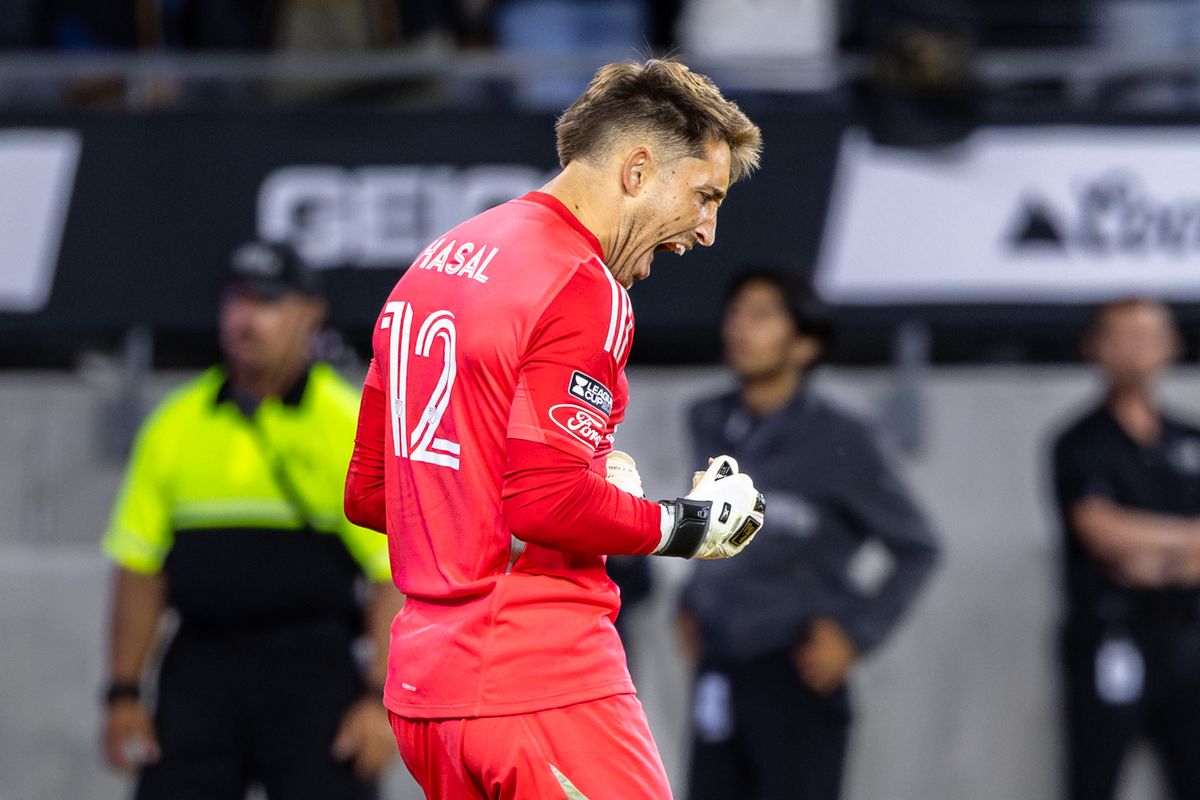 LAFC goalkeeper Thomas Hasal (12) celebrates his first save of the shootout during a Leagues Cup match against Pachuca, Friday August 1, 2025 in Los Angeles, Calif.
