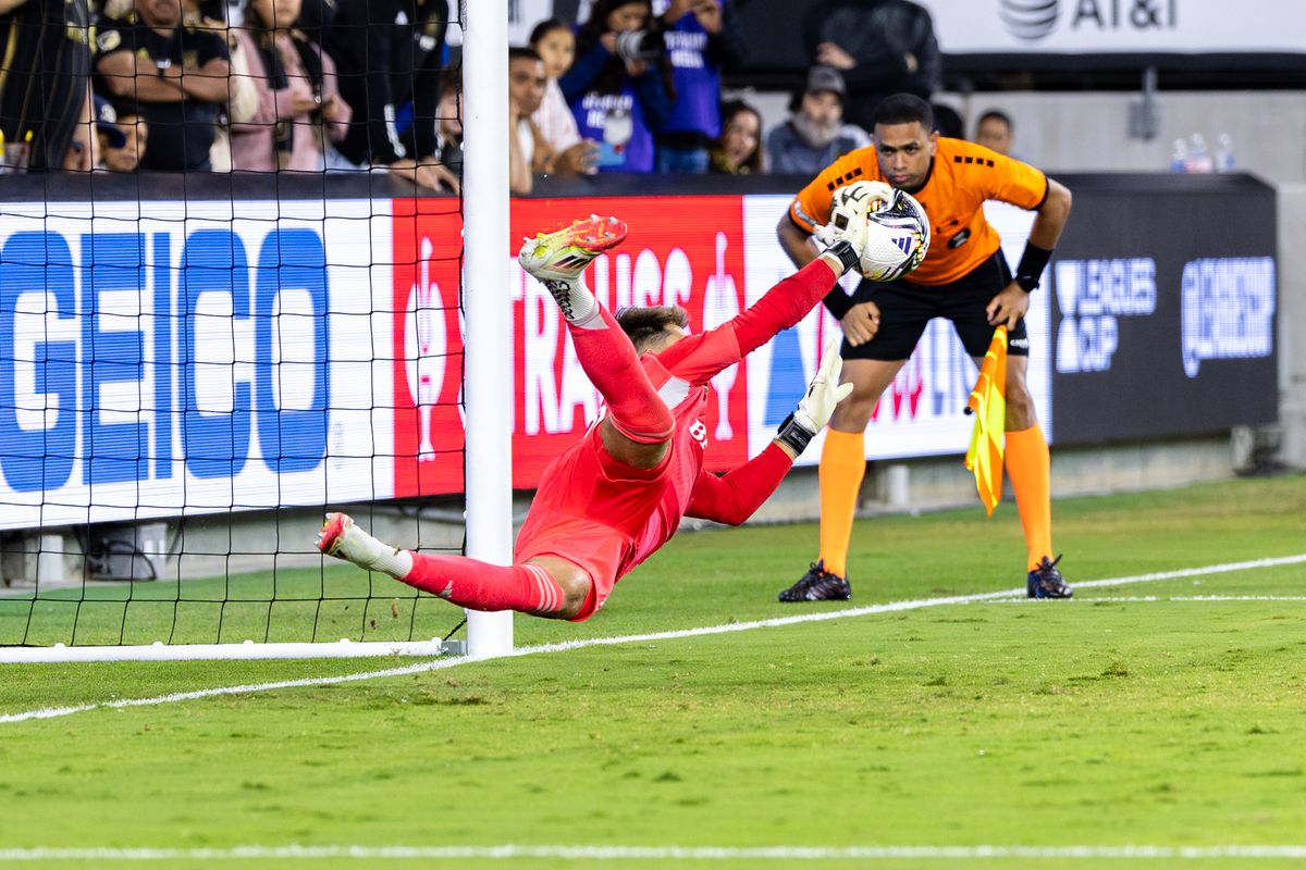 LAFC goalkeeper Thomas Hasal (12) makes the game-winning save during the shootout during a Leagues Cup match against Pachuca, Friday August 1, 2025 in Los Angeles, Calif.