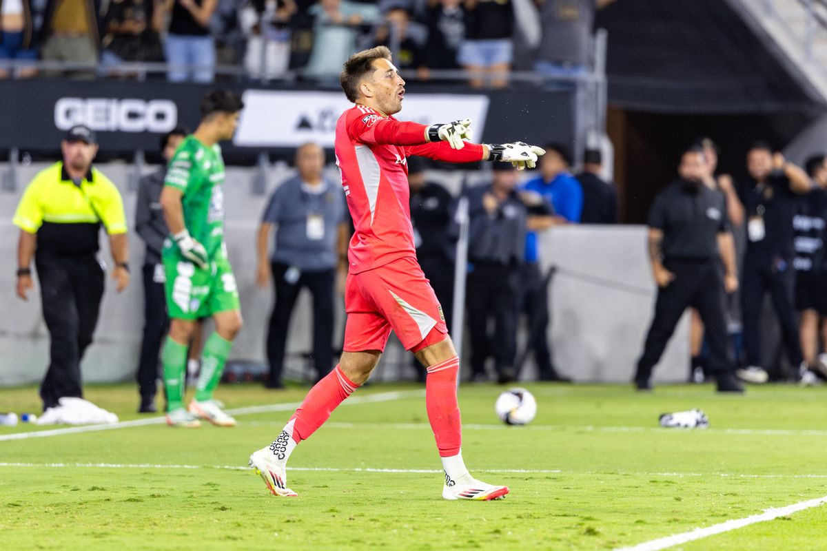 LAFC goalkeeper Thomas Hasal (12) calls game over after winning a Leagues Cup match against Pachuca, Friday August 1, 2025 in Los Angeles, Calif.