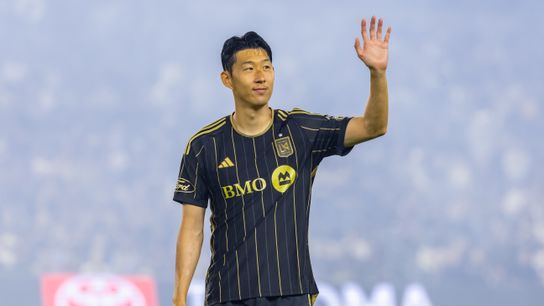 Son Heung-Min #7 of LAFC waves to the crowd before an MLS game against San Diego FC at BMO Stadium on August 31, 2025 in Los Angeles, California.