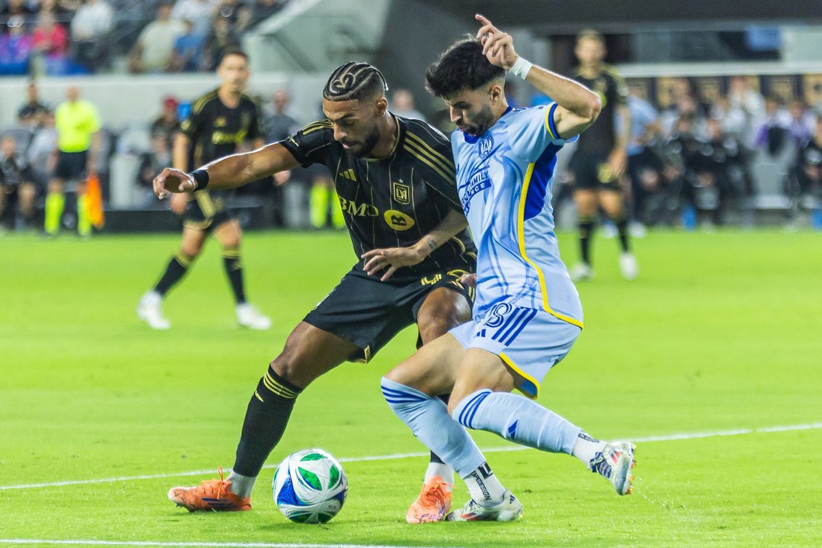 LAFC forward Denis Bouanga (99) battles for the ball during a MLS soccer game against Atlanta United FC, Sunday, October 5, 2025, in Los Angeles, California. LAFC forward Denis Bouanga (99) battles for the ball during a MLS soccer game against Atlanta United FC, Sunday, October 5, 2025, in Los Angeles, California.