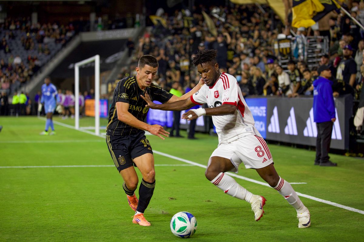 LAFC defender Sergi Palencia (14) battles during a MLS soccer game against the Toronto FC, Wednesday, October 8, 2025, in Los Angeles, California. LAFC defender Sergi Palencia (14) battles during a MLS soccer game against the Toronto FC, Wednesday, October 8, 2025, in Los Angeles, California.