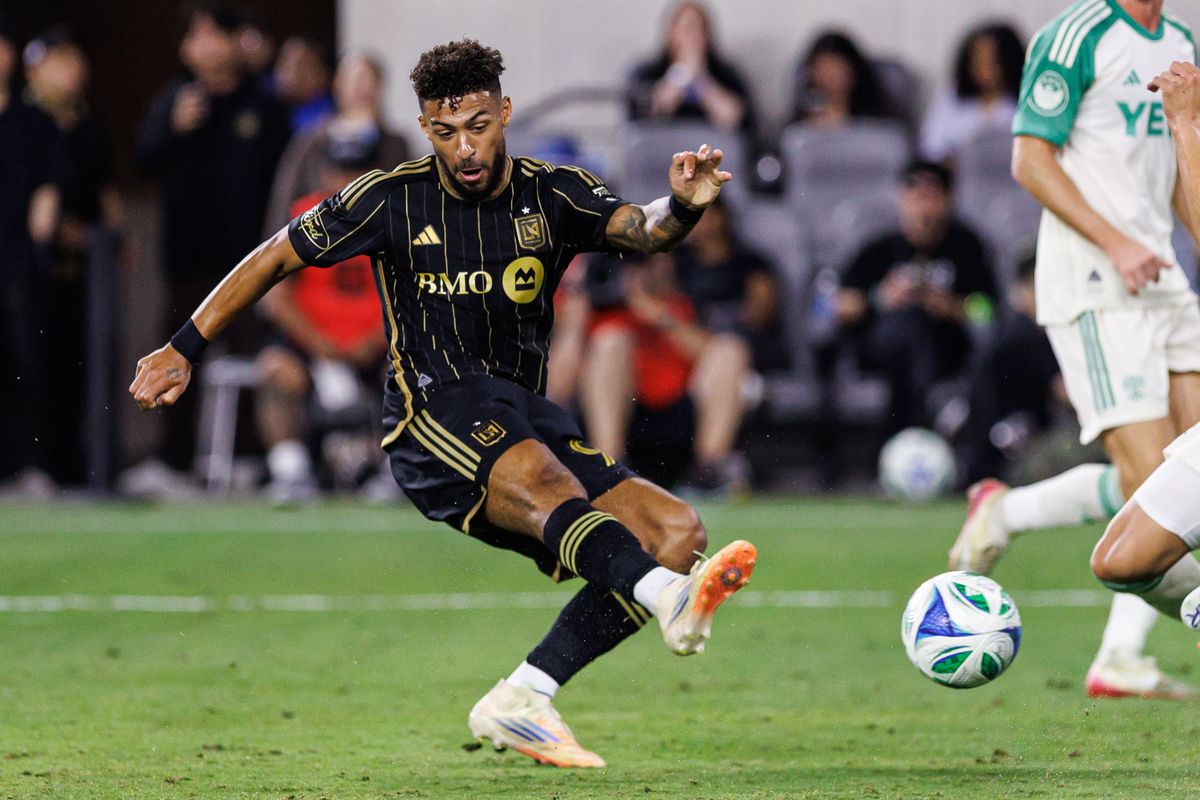LAFC F Dennis Bouanga (99) shoots the ball during an MLS Playoff game against Austin FC, Wednesday October 29, 2025 in Los Angeles, California.