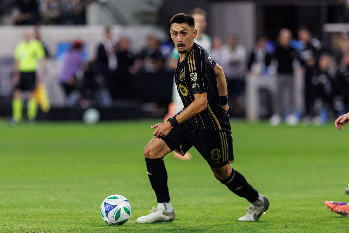 LAFC M Mark Delgado (8) dribbles the ball during an MLS Playoff game against Austin FC, Wednesday October 29, 2025 in Los Angeles, California.