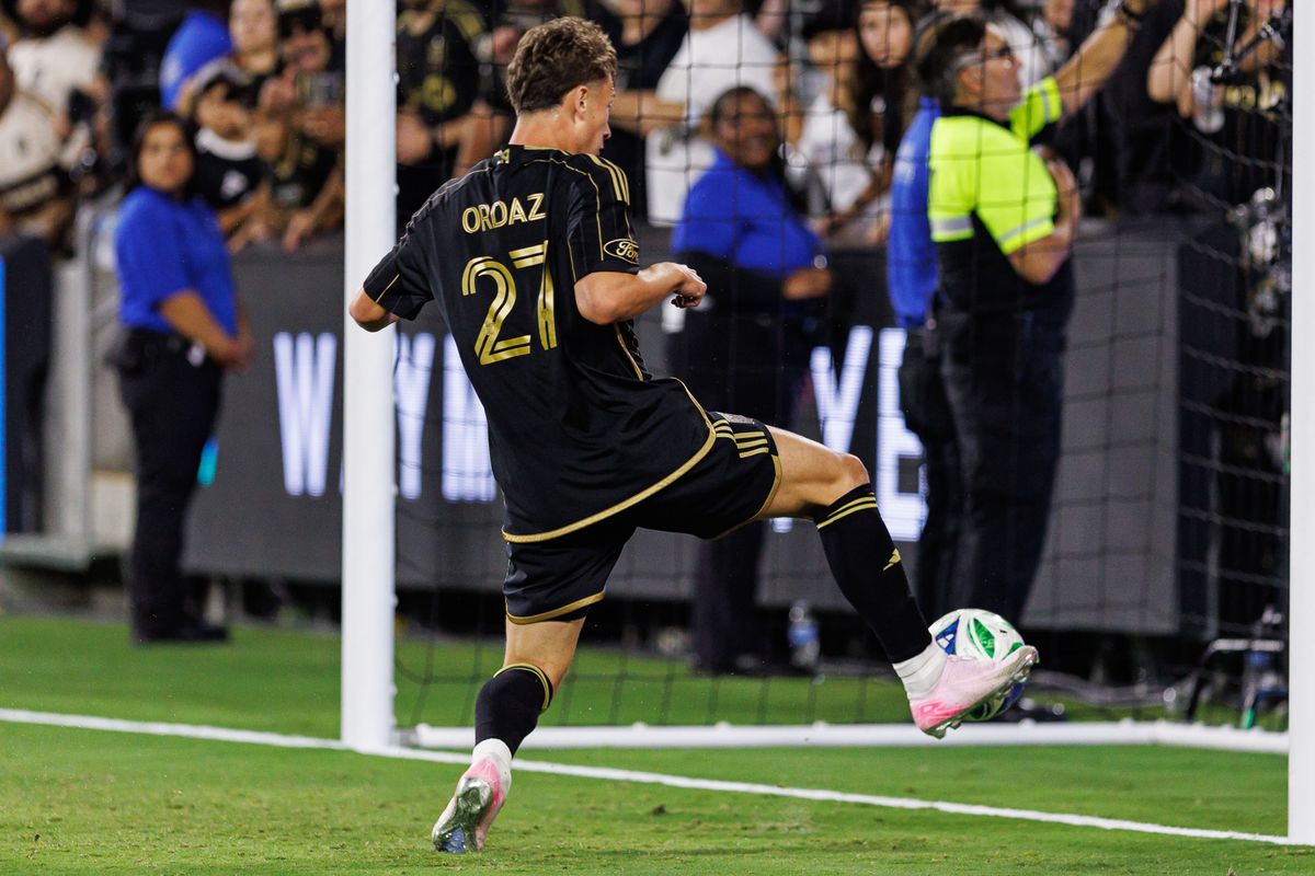 LAFC F Nathan Ordaz (27) shoots the ball during an MLS Playoff game against Austin FC, Wednesday October 29, 2025 in Los Angeles, California.