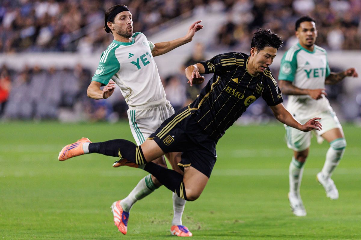 LAFC F Son Heung-Min (7) gets fouled by Austin FC M Ilie Sanchez (6) during an MLS Playoff game against Austin FC, Wednesday October 29, 2025 in Los Angeles, California.