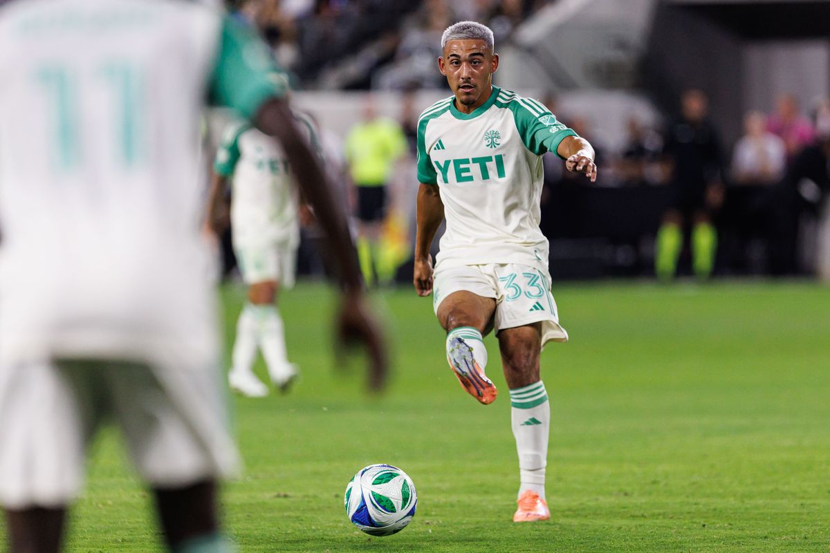 Austin FC M Owen Wolff (33) passes the ball during an MLS Playoff game against LAFC, Wednesday October 29, 2025 in Los Angeles, California.