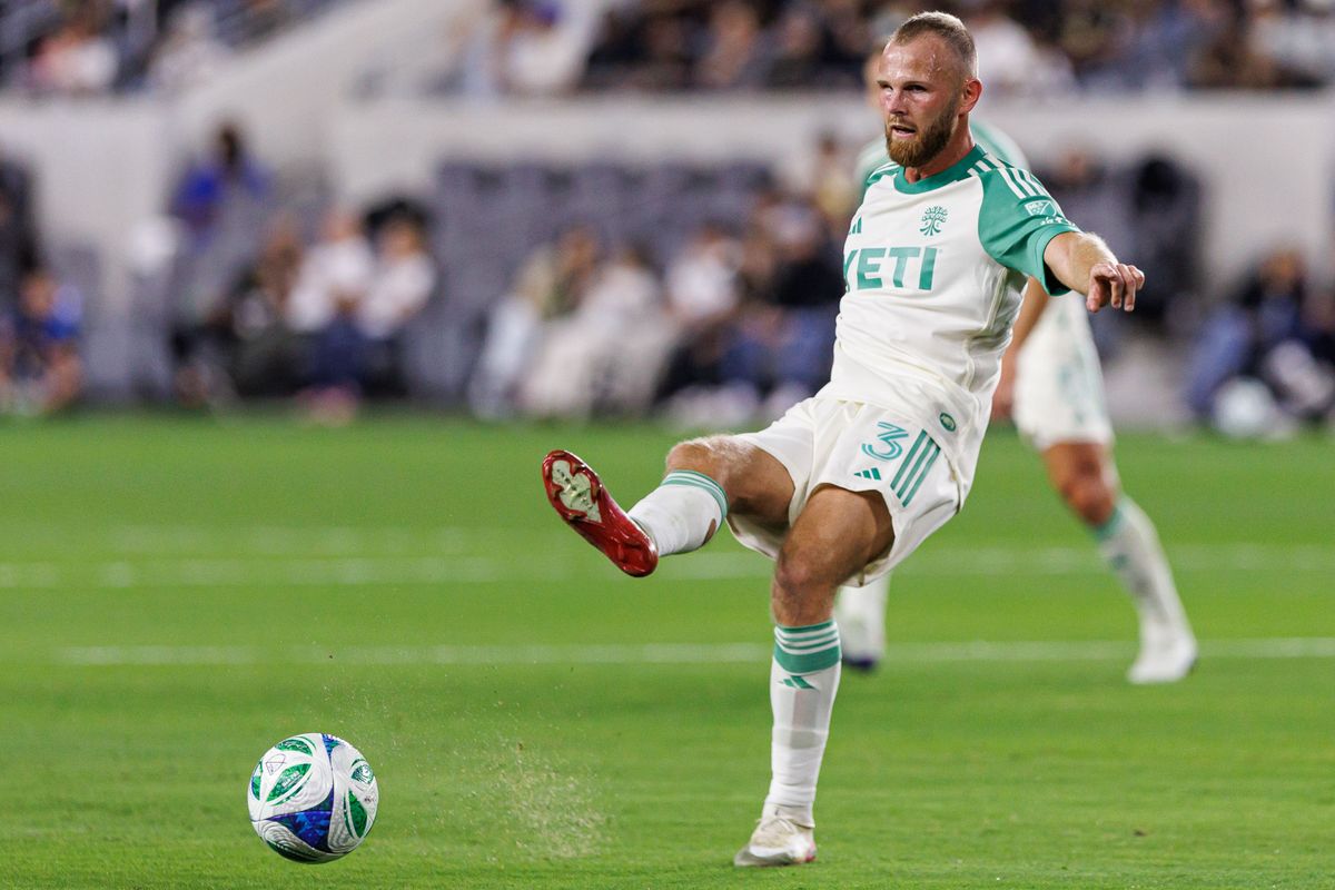 Austin FC D Mikkel Desler (3) passes the ball during an MLS Playoff game against LAFC, Wednesday October 29, 2025 in Los Angeles, California.
