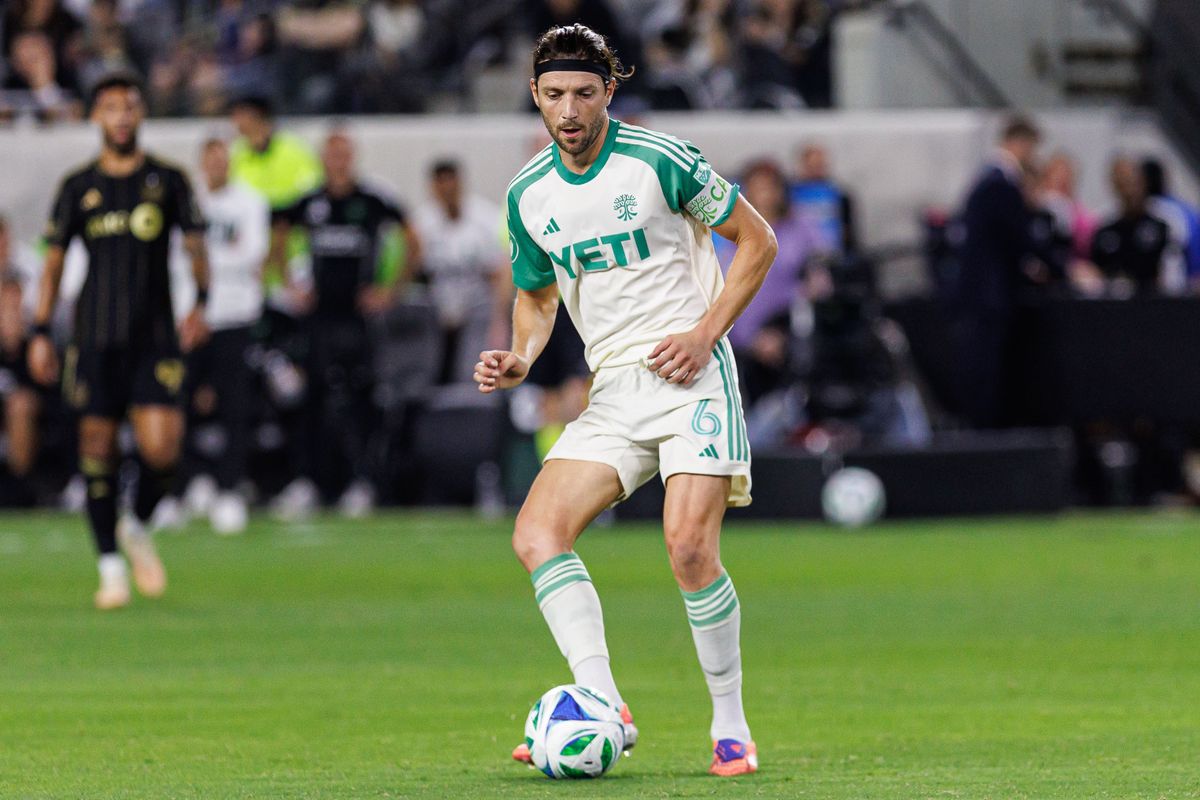 Austin FC D Ilie Sanchez (6) passes the ball during an MLS Playoff game against LAFC, Wednesday October 29, 2025 in Los Angeles, California.