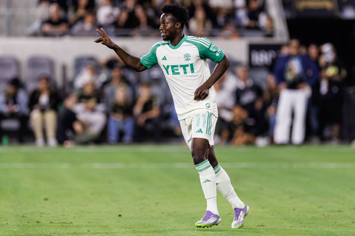 Austin FC F Osman Bukari (11) reacts after a save during an MLS Playoff game against LAFC, Wednesday October 29, 2025 in Los Angeles, California.