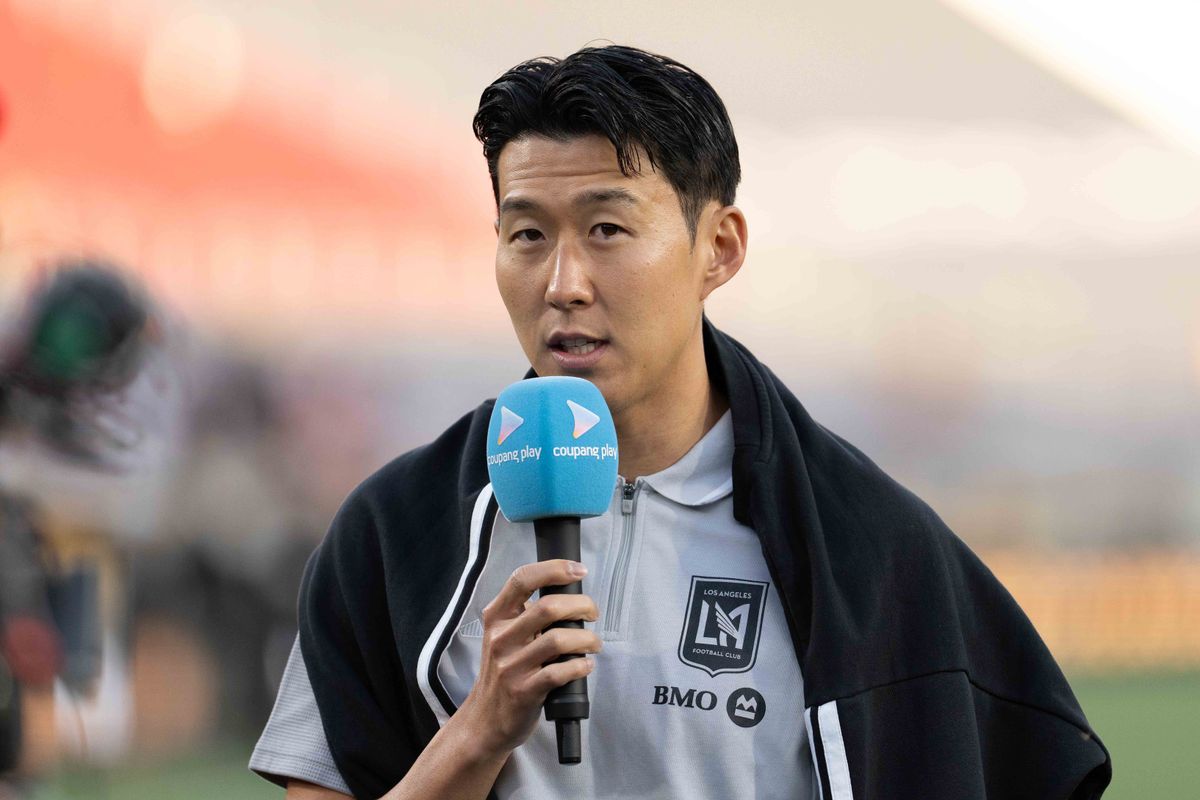 LAFC forward Heung-Min Son (7) answers questions for a pregame interview before an MLS soccer game against Inter Miami CF, Saturday February 21st, 2026 in Los Angeles, California. 