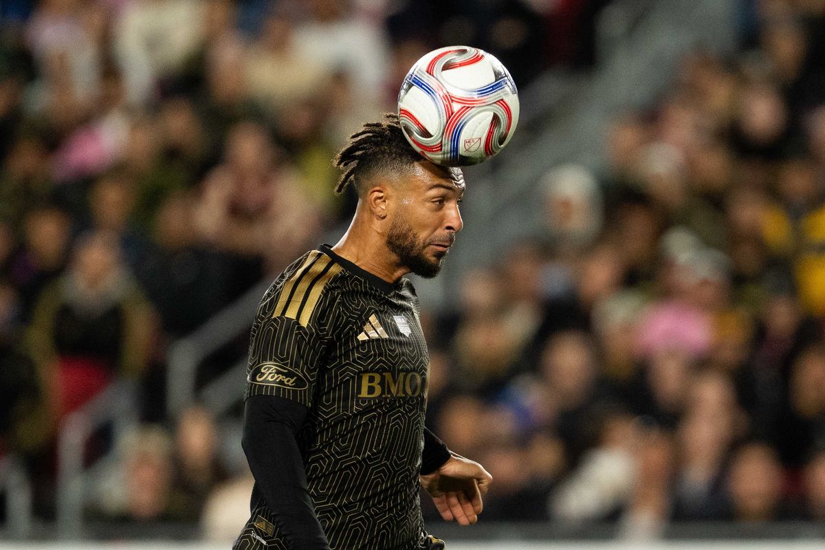 LAFC forward Dennis Bouanga (99) takes a header during an MLS soccer game against Inter Miami CF, Saturday February 21st, 2026 in Los Angeles, California. 