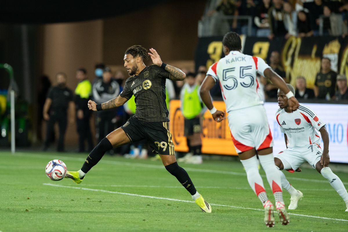 LAFC forward Denis Bouanga (99) controls the ball during an MLS game between LAFC and FC Dallas on Saturday, March 7, 2026 at BMO Stadium in Los Angeles Calif