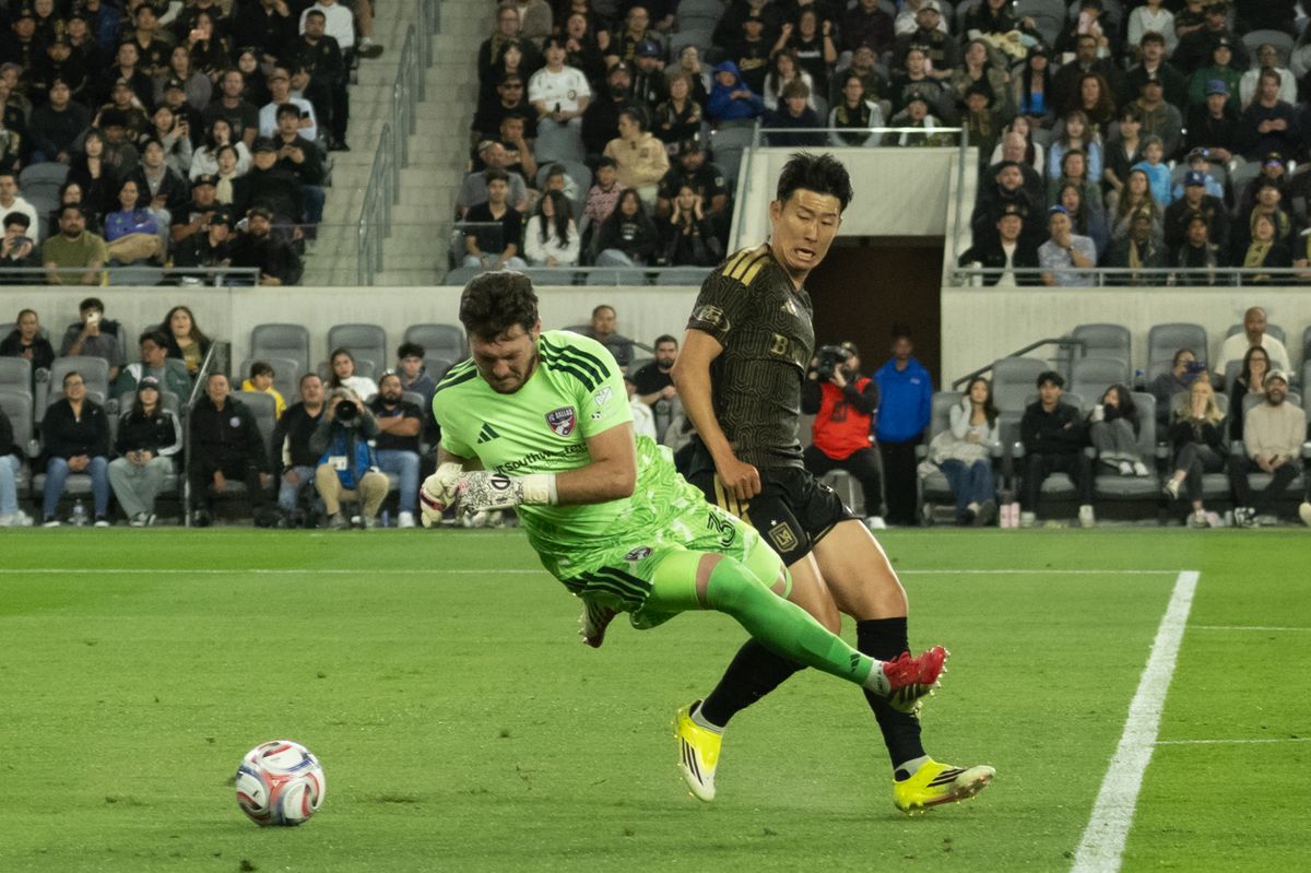 LAFC forward Son Heung-Min (7) battles for possession during an MLS game between LAFC and FC Dallas on Saturday, March 7, 2026 at BMO Stadium in Los Angeles Calif