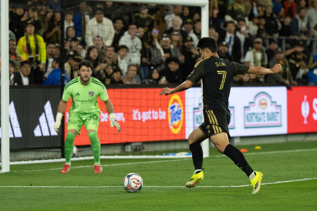 LAFC forward Son Heung-Min (7) makes an attempt at goal during an MLS game between LAFC and FC Dallas on Saturday, March 7, 2026 at BMO Stadium in Los Angeles Calif