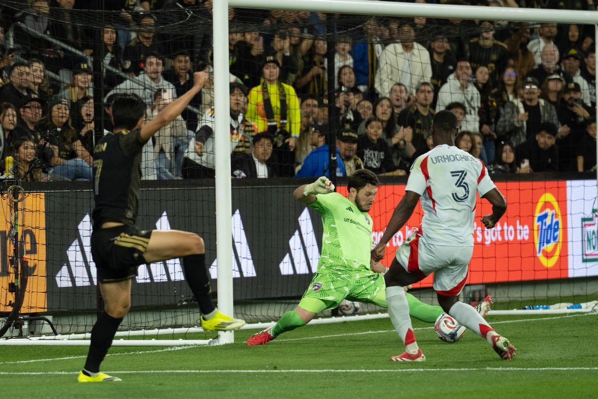 FC Dallas goalie Michael Collodi (30) makes a save during an MLS game between LAFC and FC Dallas on Saturday, March 7, 2026 at BMO Stadium in Los Angeles Calif