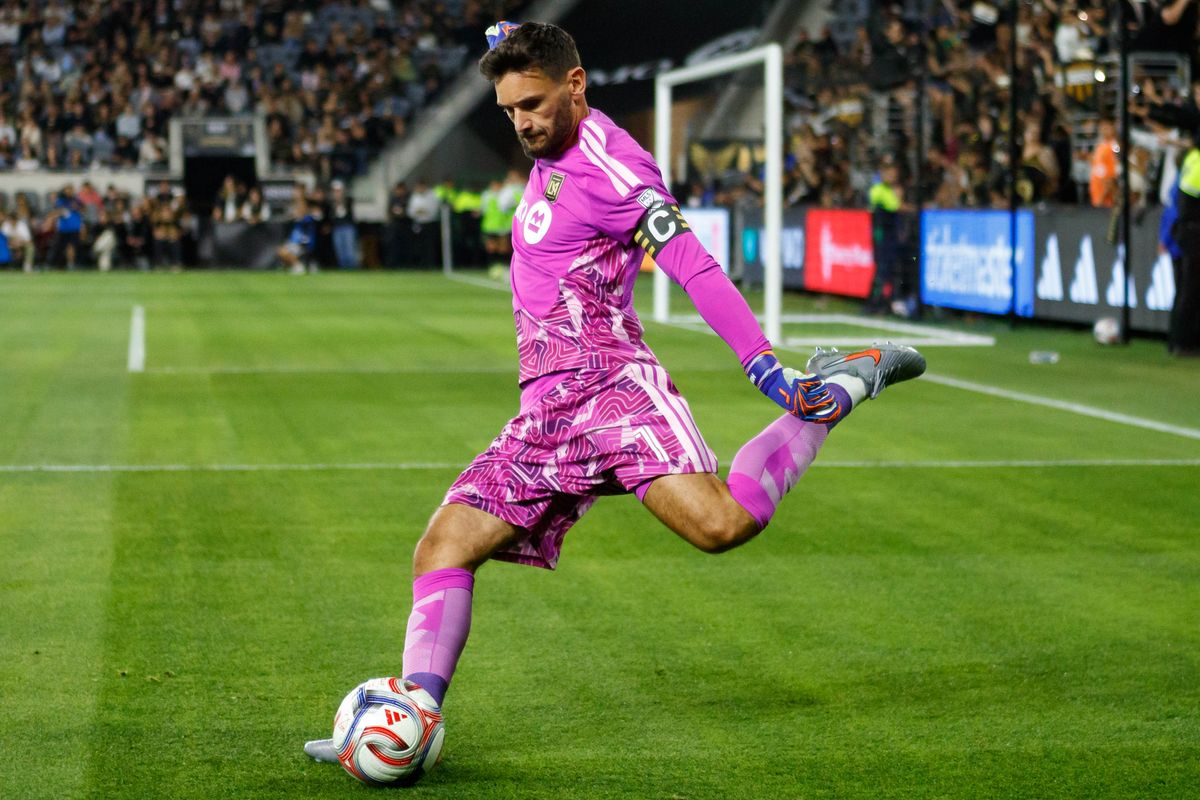 LAFC goaltender Hugo Lloris (#1) kicks the ball during an MLS match against St. Louis FC on March 14, 2026 in Los Angeles, California.