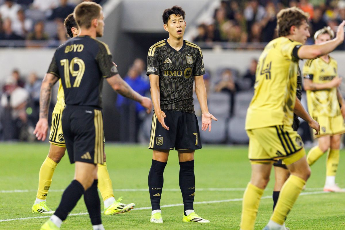 LAFC forward Son Heung-Min (#7) reacts after a missed shot during an MLS match against St. Louis FC on March 14, 2026 in Los Angeles, California.