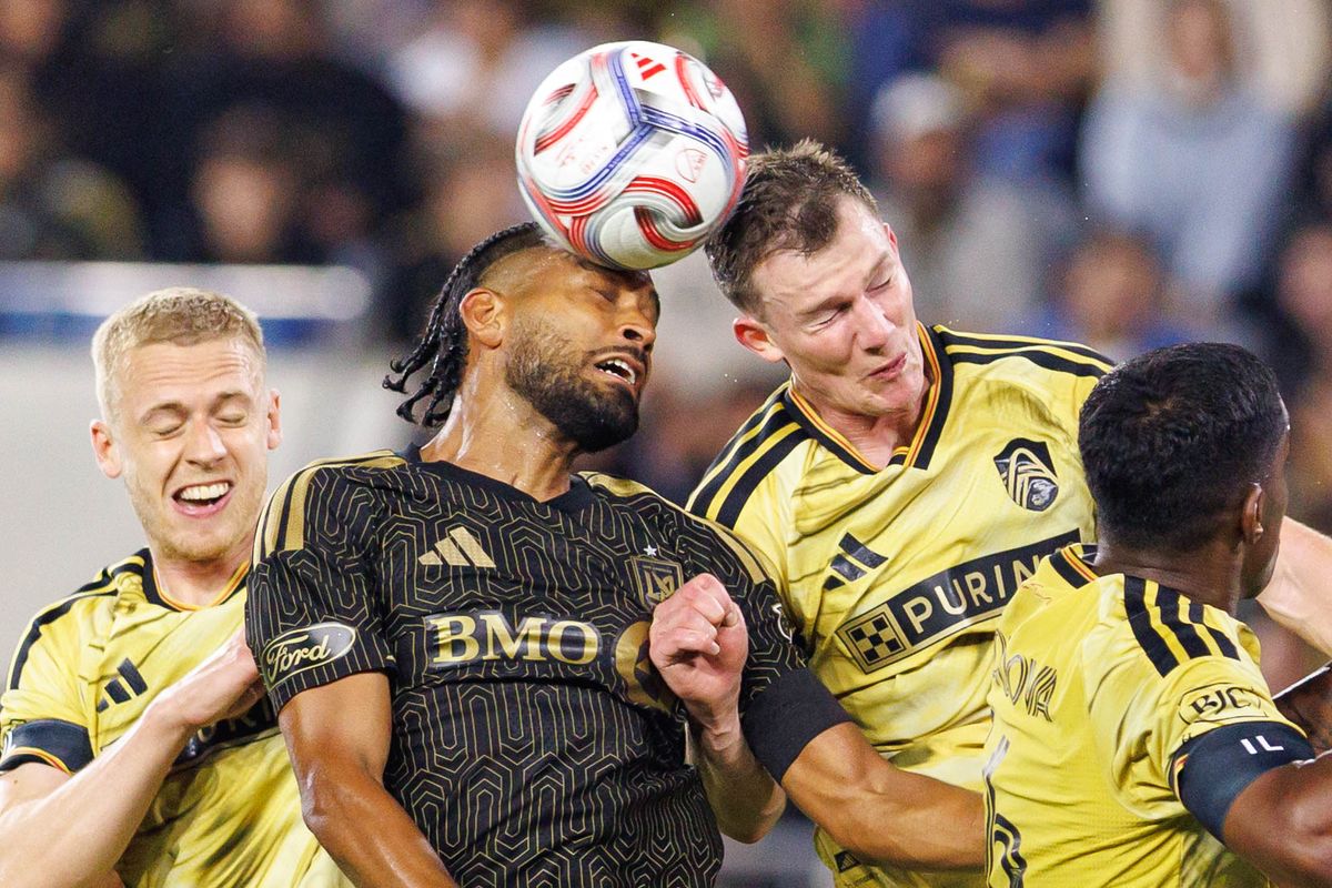 LAFC defender Eddie Segura (#4) jumps to complete a heading during an MLS match against St. Louis FC on March 14, 2026 in Los Angeles, California.