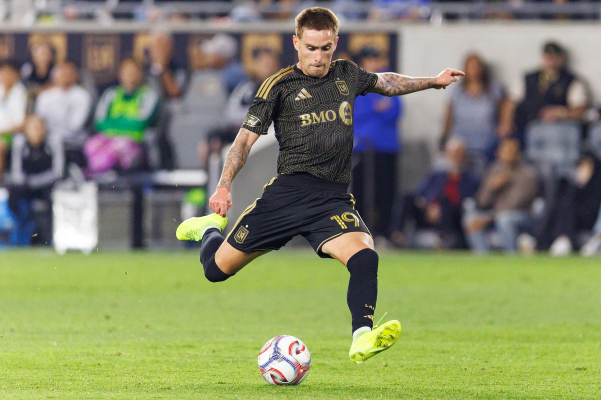 LAFC forward Tyler Boyd (#19) takes a shot during an MLS match against St. Louis FC on March 14, 2026 in Los Angeles, California.