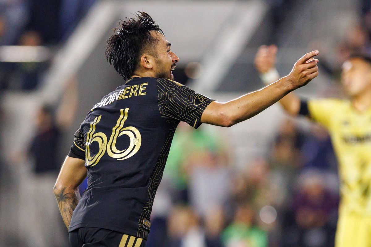 LAFC midfielder Mathieu Choiniere (#66) celebrates after scoring a goal during an MLS match against St. Louis FC on March 14, 2026 in Los Angeles, California.