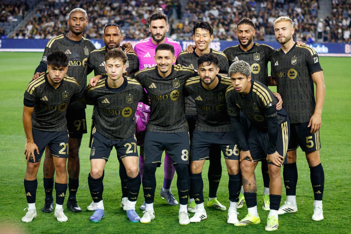 LAFC players pose for the starting XI picture before an MLS match against St. Louis FC on March 14, 2026 in Los Angeles, California.