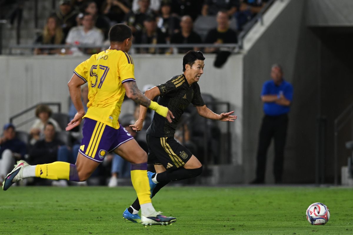 LAFC forward Son Heung-Min (7) sprints with the ball during an MLS game between LAFC and Orlando City SC on Saturday, April 4, 2026 at BMO Stadium in Los Angeles Calif