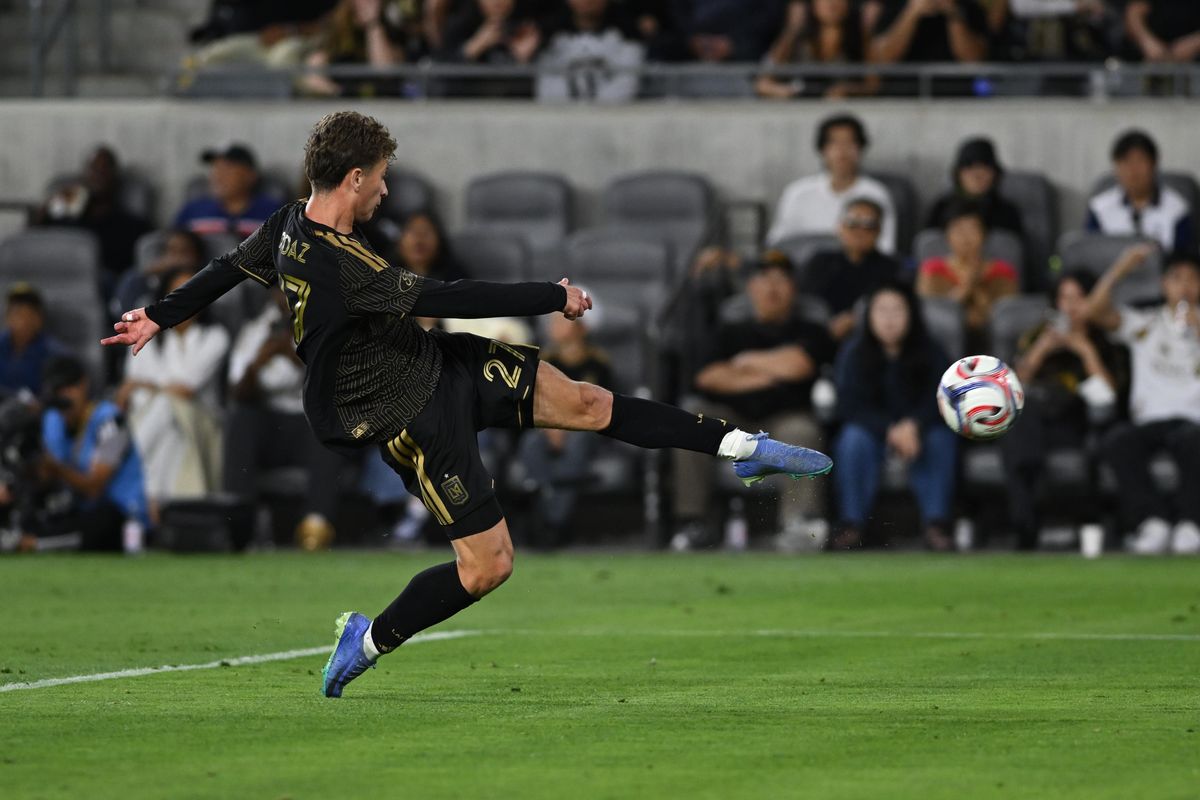 LAFC forward Nathan Ordaz (27) kicks the ball at goal during an MLS game between LAFC and Orlando City SC on Saturday, April 4, 2026 at BMO Stadium in Los Angeles Calif