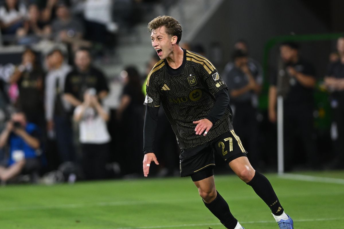 LAFC forward Nathan Ordaz (27) reacts after missing a goal during an MLS game between LAFC and Orlando City SC on Saturday, April 4, 2026 at BMO Stadium in Los Angeles Calif