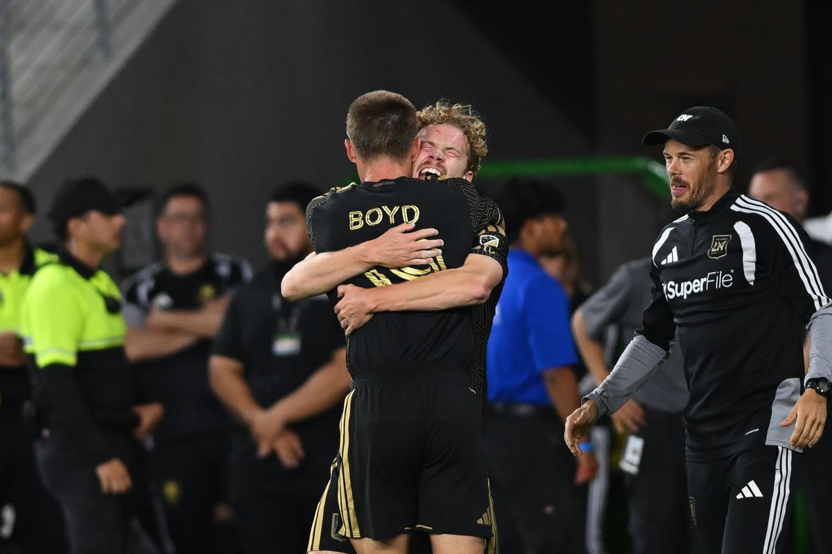 LAFC forward Jacob Shaffelburg (18) hugs Tyler Boyd (19) after assisting with a goal during an MLS game between LAFC and Orlando City SC on Saturday, April 4, 2026 at BMO Stadium in Los Angeles Calif