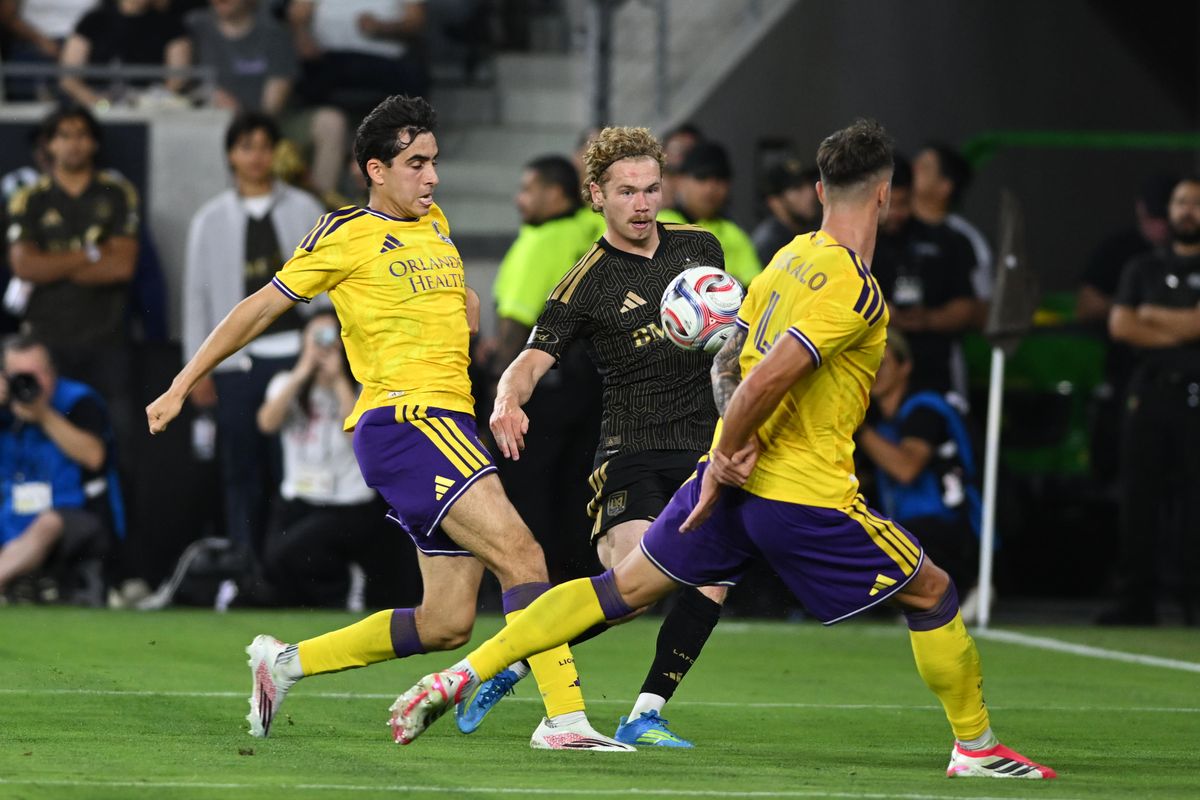 LAFC forward Jacob Shaffelburg (18) lobs a pass during an MLS game between LAFC and Orlando City SC on Saturday, April 4, 2026 at BMO Stadium in Los Angeles Calif