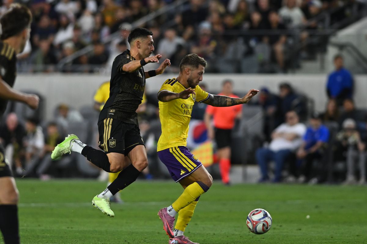 LAFC midfielder Mark Delgado (8) chases the ball during an MLS game between LAFC and Orlando City SC on Saturday, April 4, 2026 at BMO Stadium in Los Angeles Calif