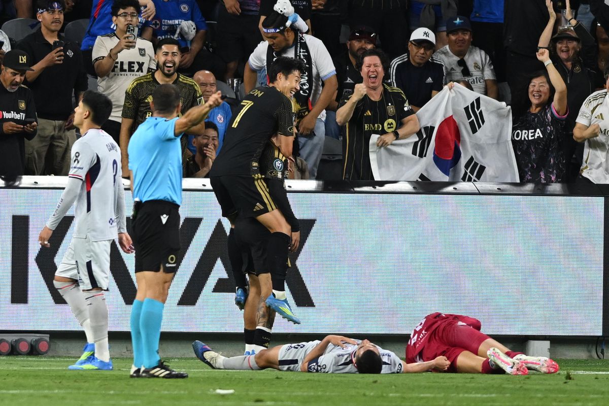 LAFC forward Son Heung-Min (7) celebrates a goal by forward David Martinez (30) during a CONCACAF Champions match between LAFC and Cruz Azul on Tuesday, April 7, 2026 at BMO Stadium in Los Angeles Calif LAFC forward Son Heung-Min (7) celebrates a goal by forward David Martinez (30) during a CONCACAF Champions match between LAFC and Cruz Azul on Tuesday, April 7, 2026 at BMO Stadium in Los Angeles Calif