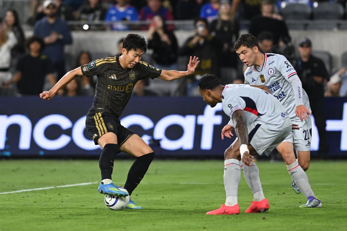 LAFC forward Son Heung-Min (7) goes against two Cruz Azul defenders during a CONCACAF Champions match between LAFC and Cruz Azul on Tuesday, April 7, 2026 at BMO Stadium in Los Angeles Calif LAFC forward Son Heung-Min (7) goes against two Cruz Azul defenders during a CONCACAF Champions match between LAFC and Cruz Azul on Tuesday, April 7, 2026 at BMO Stadium in Los Angeles Calif