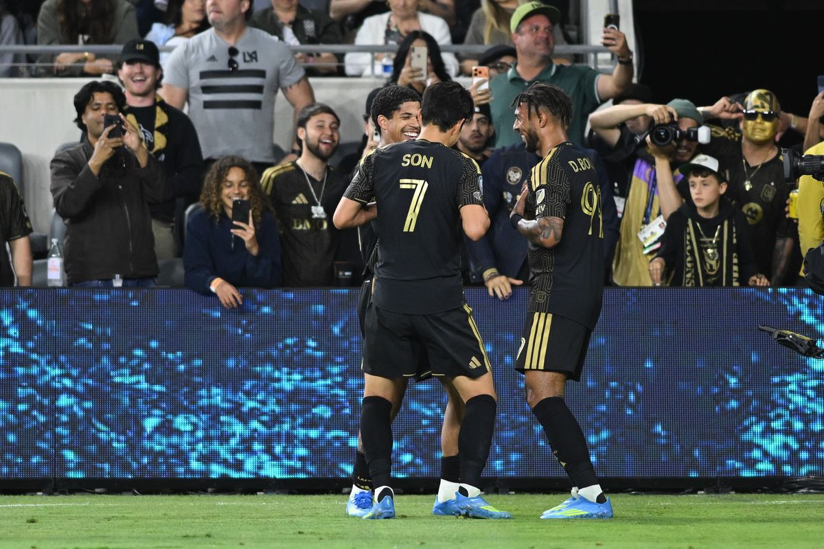 LAFC forward Son Heung-Min (7), Denis Bouanga (99) and Davit Martinez (30) celebrate after scoring a goal during a CONCACAF Champions match between LAFC and Cruz Azul on Tuesday, April 7, 2026 at BMO Stadium in Los Angeles Calif LAFC forward Son Heung-Min (7), Denis Bouanga (99) and Davit Martinez (30) celebrate after scoring a goal during a CONCACAF Champions match between LAFC and Cruz Azul on Tuesday, April 7, 2026 at BMO Stadium in Los Angeles Calif