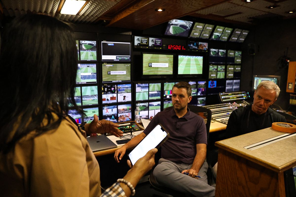 Brad Merte (producer) and Jim Dadonna (director) are interviewed before an MLS match broadcast on Apple TV.