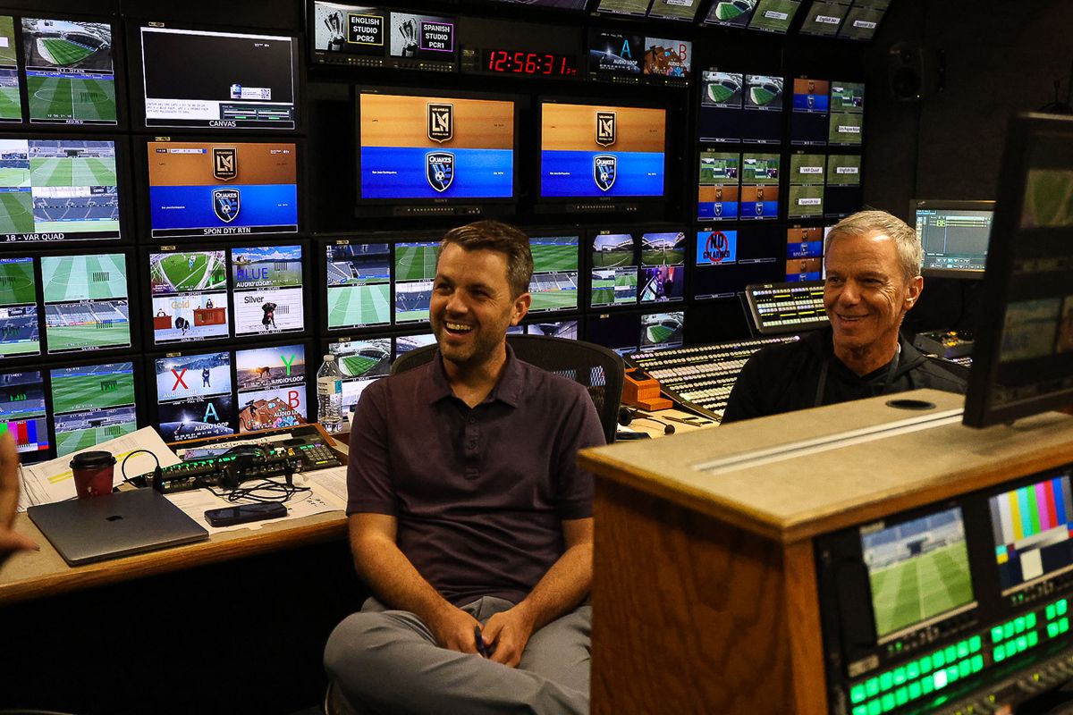 Brad Merte (producer) and Jim Dadonna (director) are interviewed before an MLS match broadcast on Apple TV.