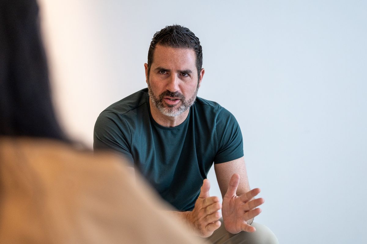 Jason Saghini (vice president of live productions, MLS) is interviewed before an MLS match broadcast on Apple TV.