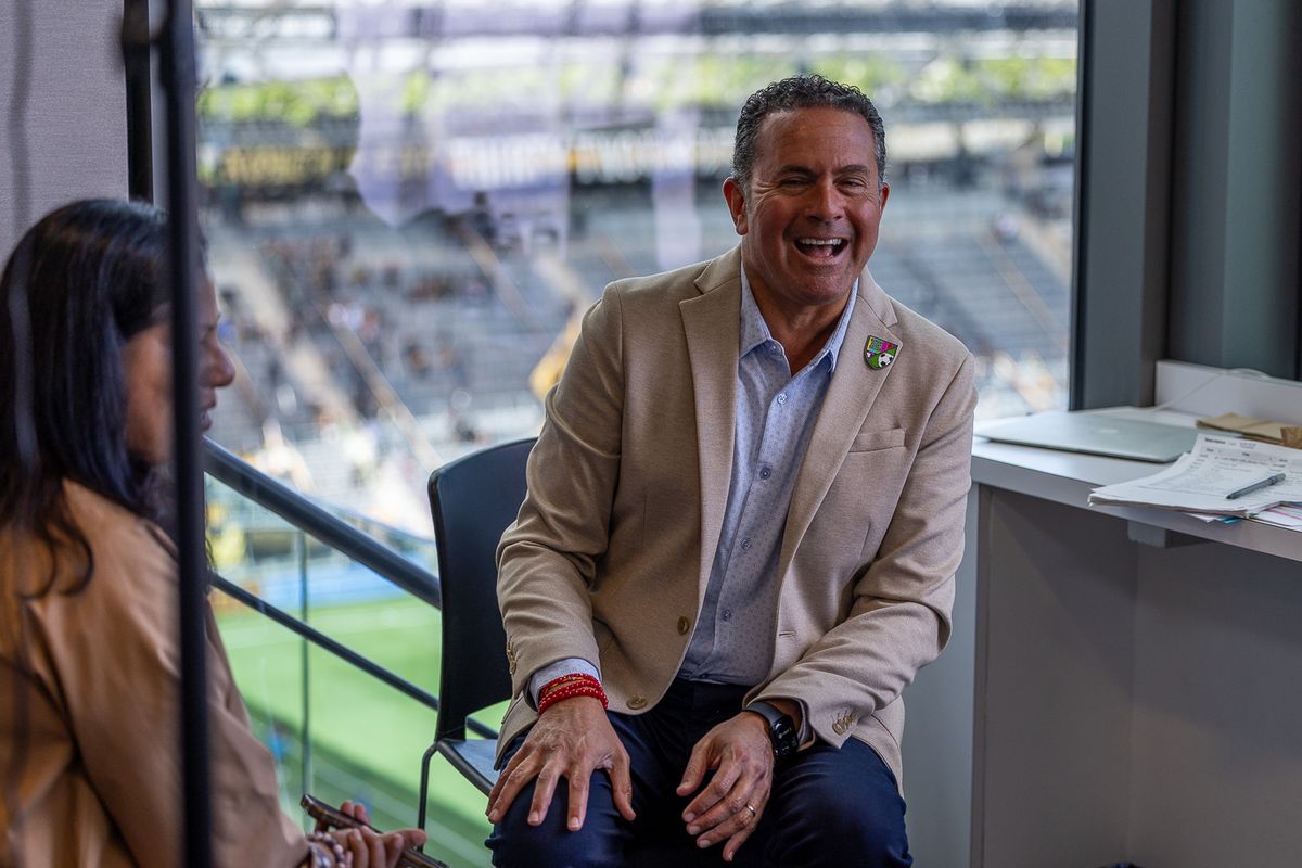 Sammy Sadovnik, Spanish-language play-by-play announcer, is interviewed before an MLS match on Apple TV.