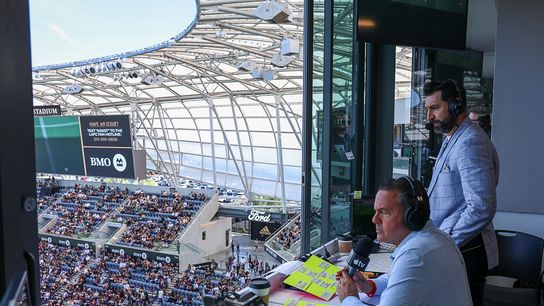 Diego Valeri (Spanish-language match analyst) and Sammy Sadovnik (Spanish-language play-by-play announcer) during an MLS match on Apple TV.